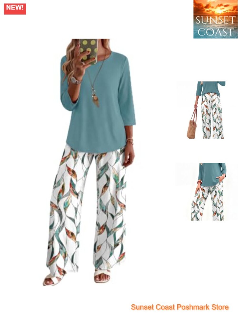 Womens Two Piece Lounge Set 3/4 Sleeve Top Printed Pants Pockets